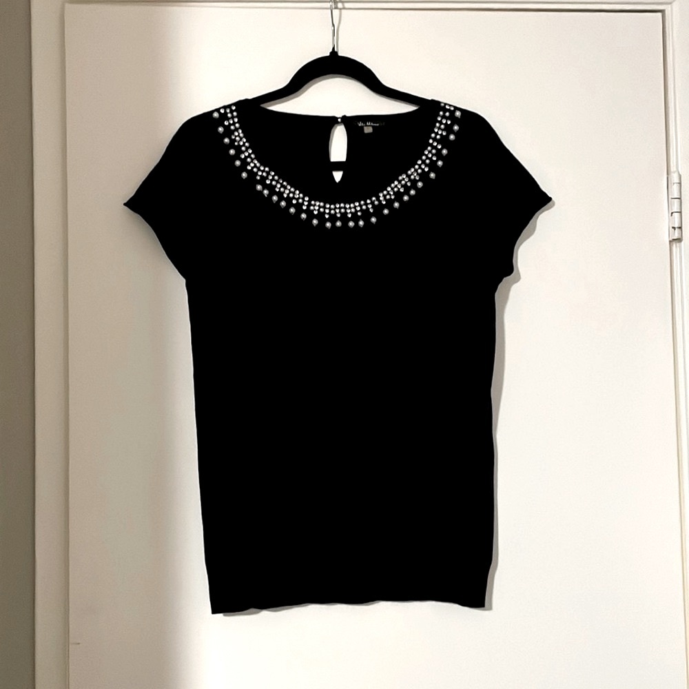 NWOT - Vila Milano Black Beaded Wool Short Sleeve Sweater